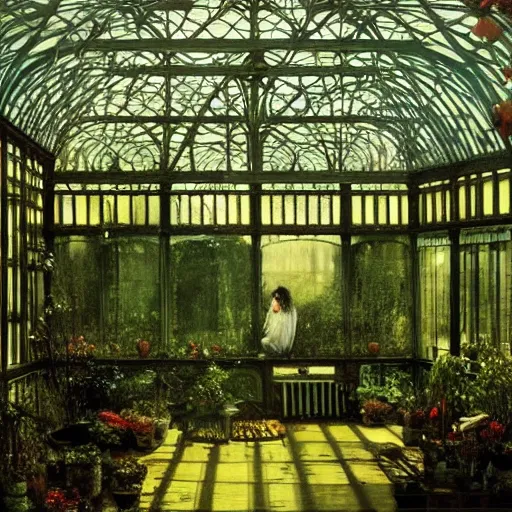 Prompt: a beautiful painting of an eerie hovering ghost inside a large overgrown victorian greenhouse with large windows, warm lights, evening, stunningly beautiful art nouveau architecture, by john atkinson grimshaw