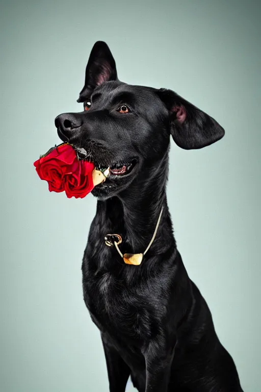 Prompt: black dog holding rose in his mouth with green eyes, gold earring on ear, studio lighting, 4 k, realistic, chromatic abberation, global illumination