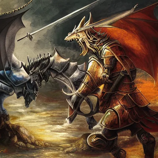 Image similar to battle between a knight and a dragon, epic fight, dragon, knight on a horse, medieval knight, fantasy painting, digital art