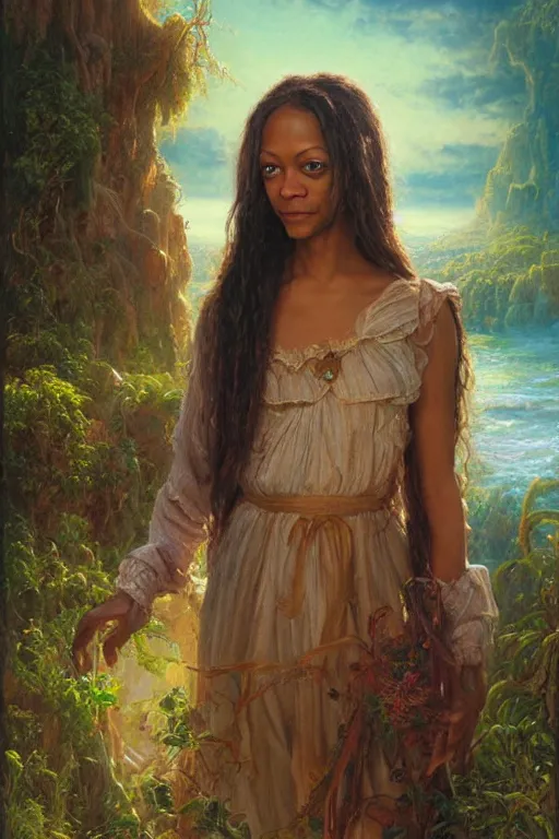 Image similar to Zoe Saldana, looking at the viewer, in the style of Lilia Alvarado, Sophie Anderson, Mark Arian, Bob Byerley, Charlie Bowater, Mark Brooks, Steve Henderson, Justin Gerard, Arthur Hughes, Edward Robert Hughes, Mark Keathley, Victor Nizovtsev, Carlos Shwabe, Ross Tran, WLOP