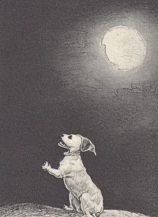 Image similar to candid portrait of jack russel dog howling, night sky, highly detailed, side view, illustrated by peggy fortnum and beatrix potter and sir john tenniel