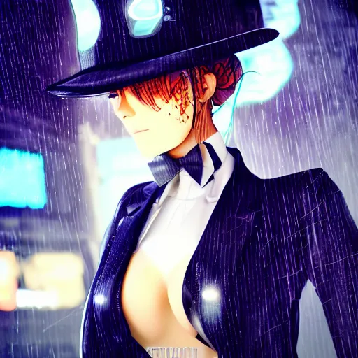 Image similar to stylish anime woman made out of rain, pinstripe suit, top hat, cyberpunk background, rendered in octane, unreal engine, raining, highly detailed, trending on artstation, realistic, neon