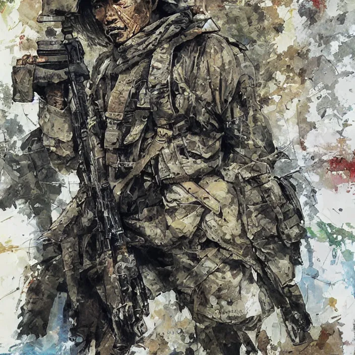 Image similar to burmese pdf soldier, painting, by greg ruthowski, yoshikata amano, yoji shinkawa, alphonse murac, collaborative artwork, beautifully drawn, heavily detailed