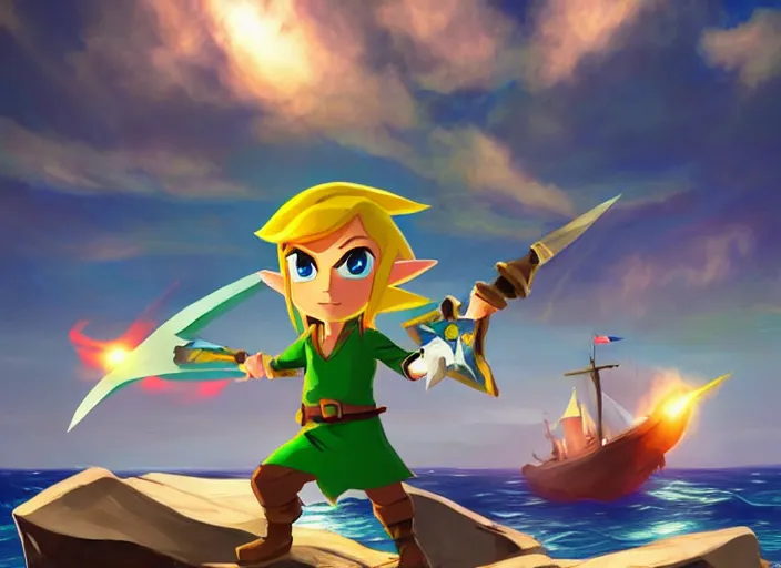 Prompt: link from wind waker!! stands posed on an island ready for battle, a large detailed pirate ship!! is in the water in the distance, dramatic lighting, diffused light, haze, lens flare, extremely detailed wind waker concept art, 8 k, trending on artstation