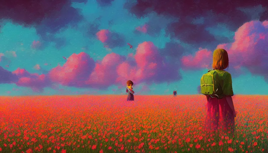 Image similar to girl with an blooming flower face, surreal photography, dream, standing in flower field, hills, big trees, sunrise dramatic light, impressionist painting, colorful clouds, digital painting, pointillism, artstation, simon stalenhag