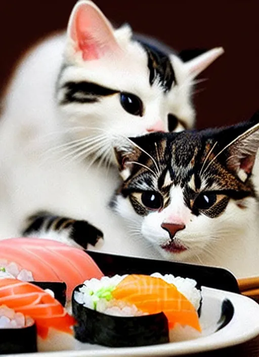 Image similar to clear photorealistic picture of adorable cats made out of sushi