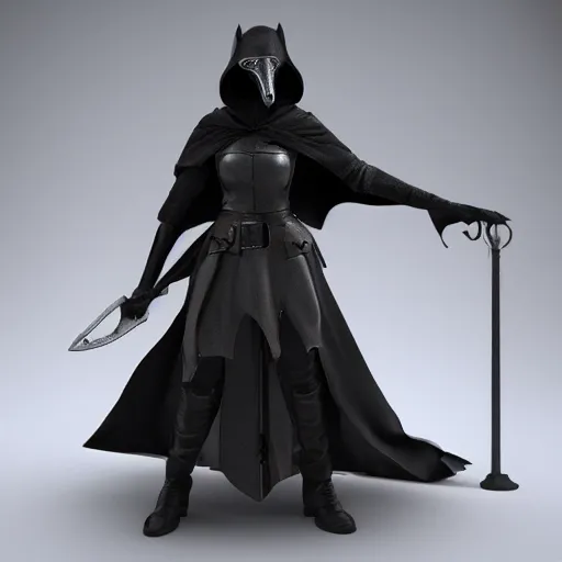 Prompt: female plague doctor donning a black hood, steel knightly armor and a white armored pointy crow mask, trending on artstation