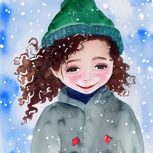 Prompt: a little girl with curly brown hair and a happy expression in a snowy forest trying to catch snowflakes. Watercolor, trending on artstation