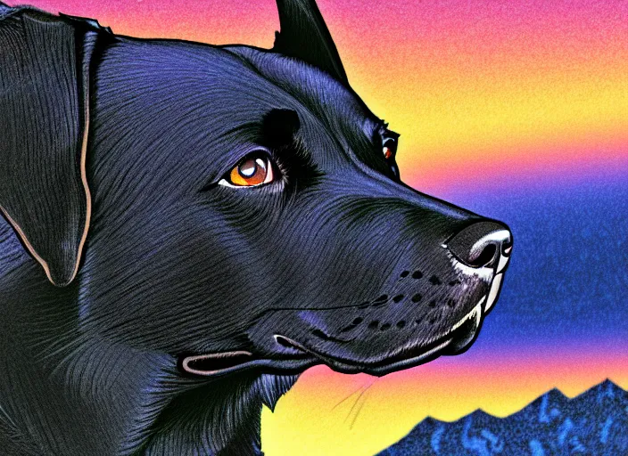 Prompt: portrait of black labrador, beautiful mountain background, anime, shigeto koyama, jean giraud, manga, 2 8 mm lens, vibrant high contrast, gradation, cinematic, rule of thirds, great composition, intricate, detailed, flat, matte print, sharp, clean lines, masakazu katsura