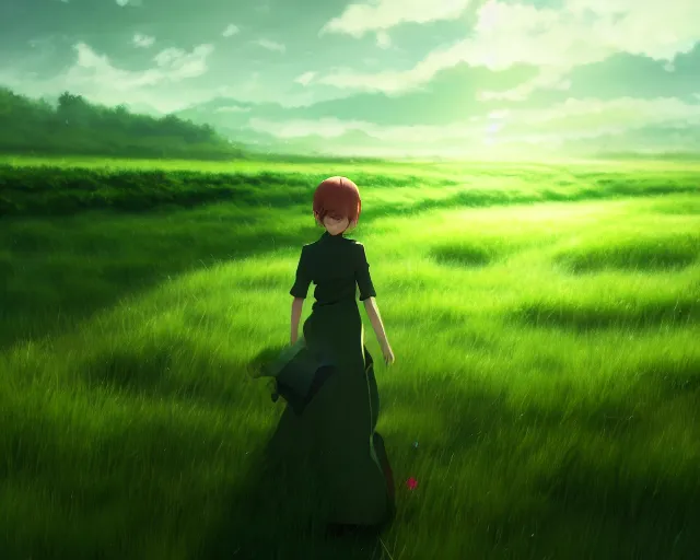 Image similar to a green field, official media, illustrated by wlop, extremely detailed, 8 k, trending on pixiv, cinematic lighting, beautiful