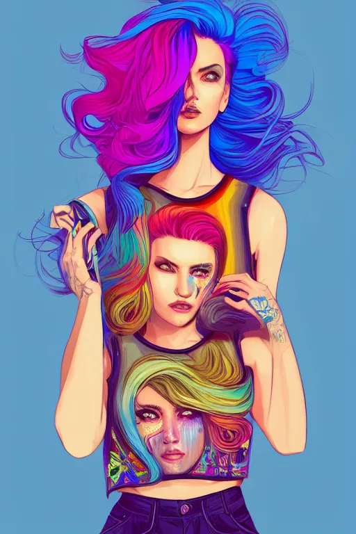 Image similar to a award winning half body portrait of a beautiful woman with stunning eyes in a printed croptop and cargo pants with rainbow colored ombre hairstyle head in motion and hair flying by josan gonzales, outrun, vaporware, shaded flat illustration, digital art, trending on artstation, highly detailed, fine detail, intricate