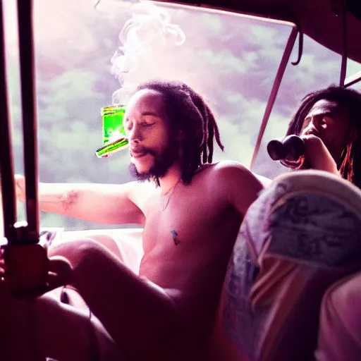 Prompt: Ross Parks smoking the bong sitting on the back of the bus next to Bob Marley, passing the bong; smoke out; cinema film; art direction; dramatic Studio lighting by John Gaeta