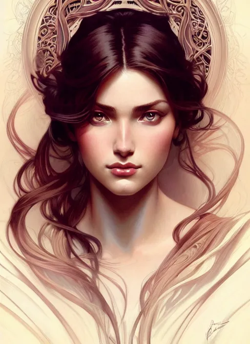 Image similar to portrait of young woman perfection, beautiful hair, symmetrical! intricate, elegant, highly detailed, in love with a handsome man!! digital painting, artstation, concept art, smooth, sharp focus, illustration, art by artgerm and greg rutkowski and alphonse mucha