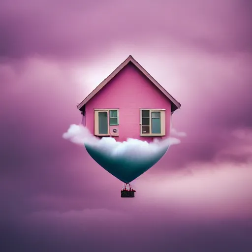 Image similar to a 5 0 mm lens photograph of a cute pink floating modern house, floating in the air between clouds, inspired by the movie up, held up from above by a heart - shaped ballon. mist, playful composition canon, nikon, award winning, photo of the year