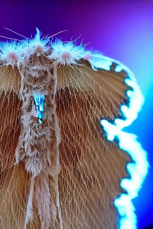 Image similar to high quality close-up photo sheer furry moth! jewelled gorgeous! highly detailed david ligare elson peter cinematic blue neon lighting high quality low angle hd 8k sharp shallow depth of field