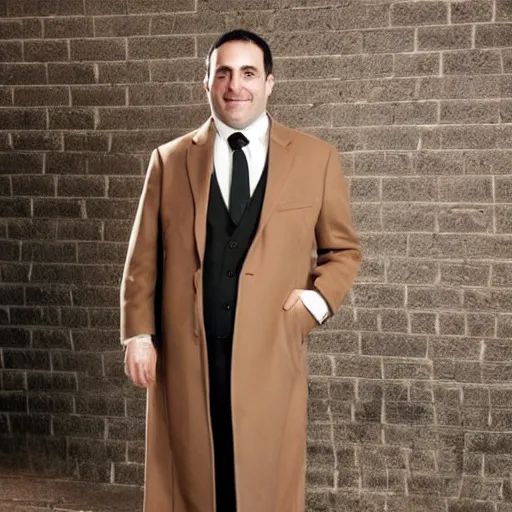 Image similar to full length shot : : clean - shaven smiling white chubby italian american man in his 4 0 s wearing a long brown overcoat and necktie and black shoes shoes shoes holding a burger, 2 0 0 6 advertising promo shot