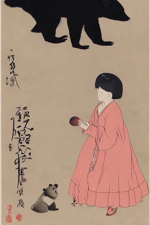 Image similar to a girl with a peach in her hands stands beside an anthropomorphic black bear, offering the peach to the bear. in the style of foujita tsuguharu