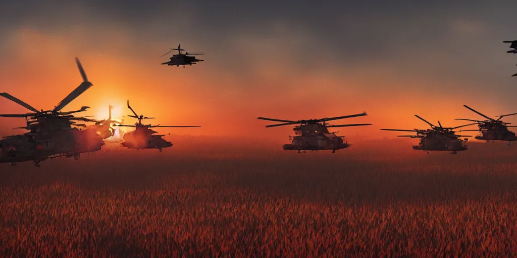 Prompt: Painting of vietnam Huey Helicopters, above a forest, orange sun set, abstract, realism, high details, glow, far, distance, over the horizon, drawn, 8k, octane render, 3D