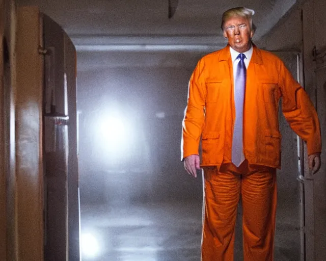 Prompt: donald trump wearing orange prison clothes locked up in an asylum, cinematic masterpiece, octane, dramatic lighting, very detailed
