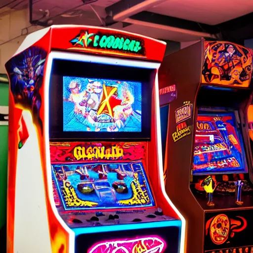 Image similar to retro arcade filled with satanic arcade cabinets, Canon eos, 8k hd resolution