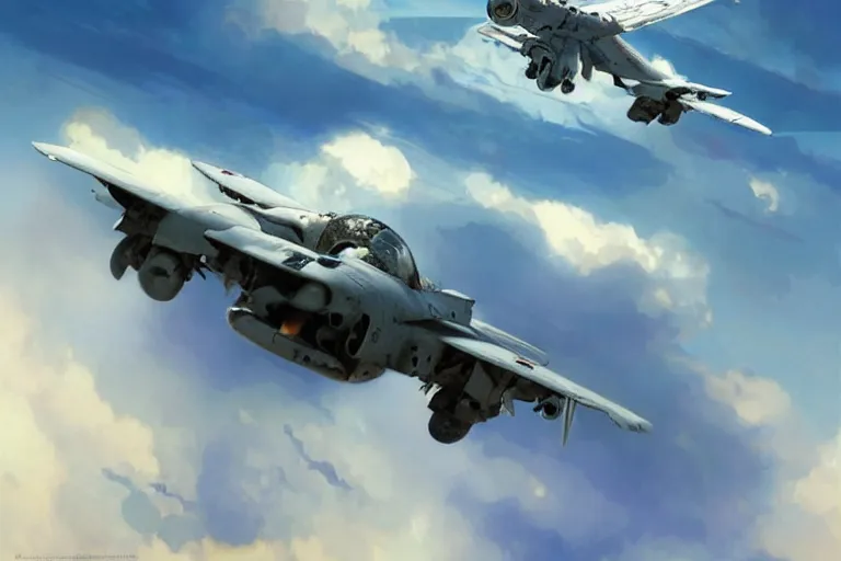 Prompt: A-10 Thunderbolt flying in the sky, blue sky, white clouds, highly detailed, digital painting, artstation, concept art, sharp focus, illustration, art by artgerm and greg rutkowski and alphonse mucha