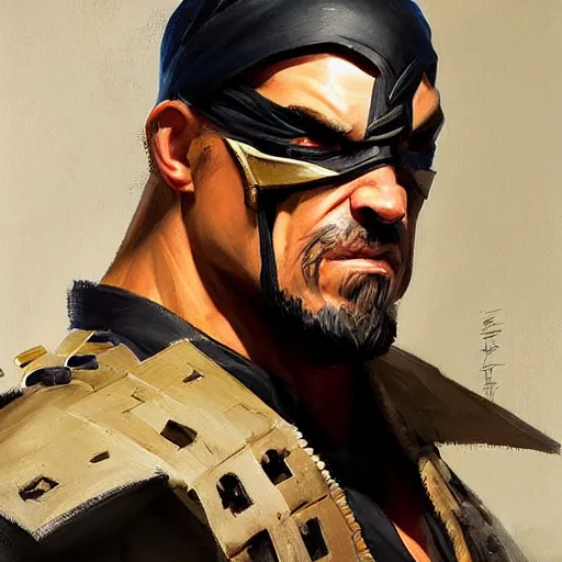 Image similar to greg manchess portrait painting of jax from mortal kombat as overwatch character, medium shot, asymmetrical, profile picture, organic painting, sunny day, matte painting, bold shapes, hard edges, street art, trending on artstation, by huang guangjian and gil elvgren and sachin teng