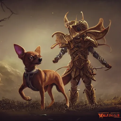 Image similar to tan coloured chihuahua Dog, battle armour, Anthropomorphized, casting epic spell, magic the gathering artwork, D&D, fantasy, cinematic lighting, centered, symmetrical, highly detailed, digital painting, artstation, concept art, smooth, sharp focus, illustration, volumetric lighting, epic Composition, 8k, art by Akihiko Yoshida and Greg Rutkowski and Craig Mullins, heroic pose, oil painting, cgsociety, magic lab background