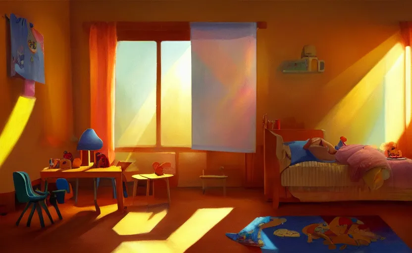 Image similar to happy morning and the rays of the morning sun shining through the window of kid's room in the village house clear sky, warm colors, coherent shadows, one point lighting, happy mood, oil painting, high detail, trending on artstation