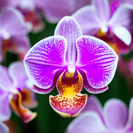 Image similar to Colorful orchid flower blossoming in field of flowers, climax, overwhelming, brilliant, cinematic, epic, 8k, sharp focus, color grain 35mm, tilt-shift, dslr, high detail