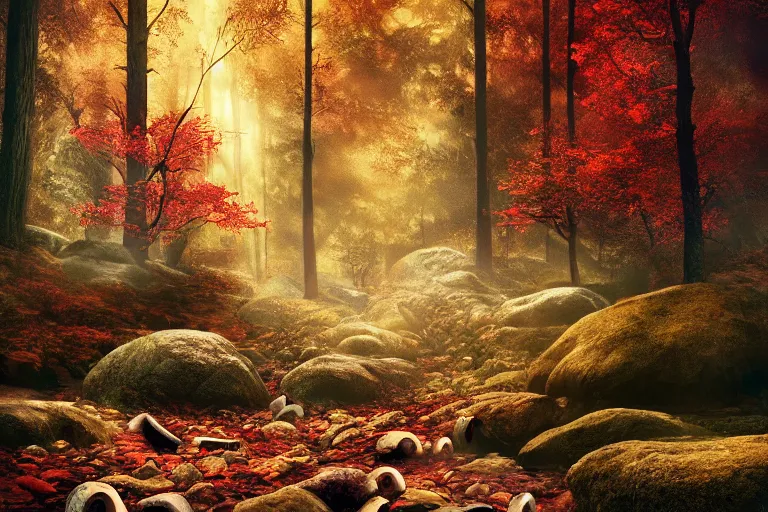 Image similar to deep dark moody candy forest, peppermint stick trees, cotton candy bushes, big colorful rock candy boulders, gumdrop mushrooms, chocolate creek, dark mood. mysterious realistic painting. photobashing, matte painting, highly detailed, autumn, cinematic, hyperrealistic, artstation, dramatic lighting, god rays, clean crisp graphics, smooth sharp focus, extremely detailed