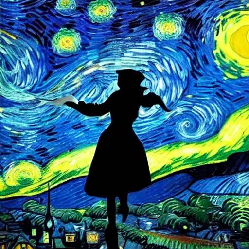 Image similar to silhouette of a flying girl with an umbrella in the style of starry nights. van gogh, cinematic composition. art station is on trend. beautiful lighting, super - detailed.