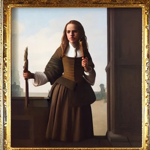 Image similar to Painting of Emma Watson as Hermione Granger. Art by Vermeer. During golden hour. Extremely detailed. Beautiful. 4K. Award winning.