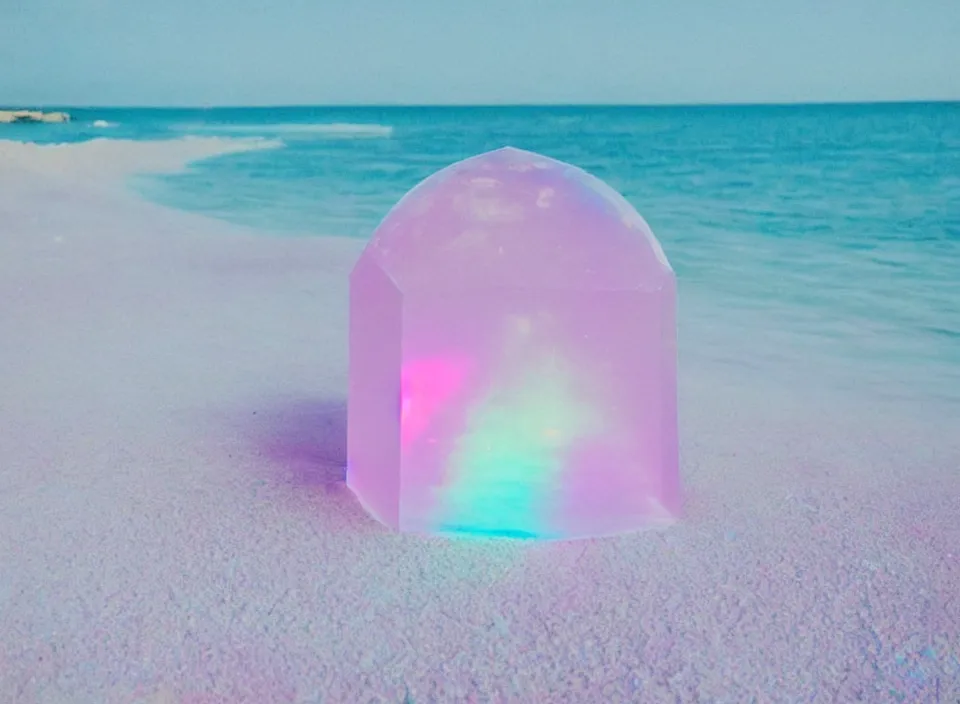 Image similar to a pastel coloured vintage family holiday photo of an empty beach from an alien dreamstate world with chalky pink iridescent!! sand, reflective lavender ocean water, dim bioluminescent plant life and an igloo shaped shiny plastic transparent festival stage and translucent festival box speakers!!. glare. refraction, volumetric light.