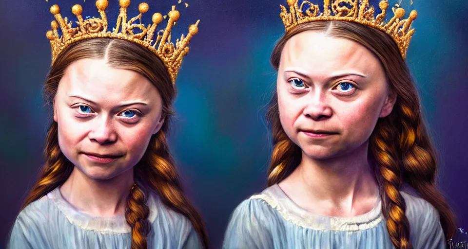 Image similar to closeup profile portrait of greta thunberg as a fairytale princess wearing a crown eating cakes in the castle kitchen, nicoletta ceccoli, mark ryden, lostfish, max fleischer, hyper realistic, artstation, illustration, digital paint, matte paint, vivid colors, bright, cheerful, detailed and intricate environment