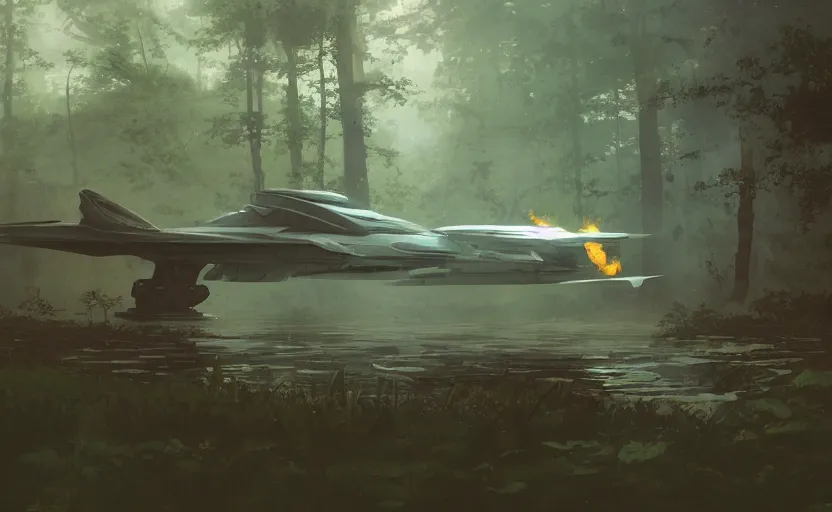 Prompt: a fighter design spaceship on fire crashed in a swamp forest, on the ground, smoke, smoke, cloudy air. Atmospheric lighting, overgrowth. By Makoto Shinkai, Stanley Artgerm Lau, WLOP, Rossdraws, James Jean, Andrei Riabovitchev, Marc Simonetti, krenz cushart, Sakimichan, trending on ArtStation, digital art.