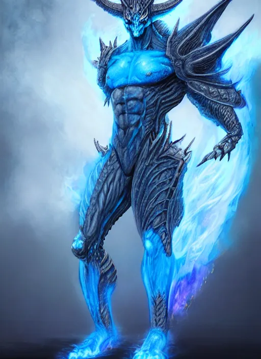 Image similar to muscular and tall blue ghostly fire humanoid dragon!!!! draconian!! intricate ornate iridescent heavy armor!! character concept art, sharp focus, octane render! unreal engine 5! highly rendered!! trending on artstation!! detailed linework!! illustration by artgerm, wlop, and chie yoshii