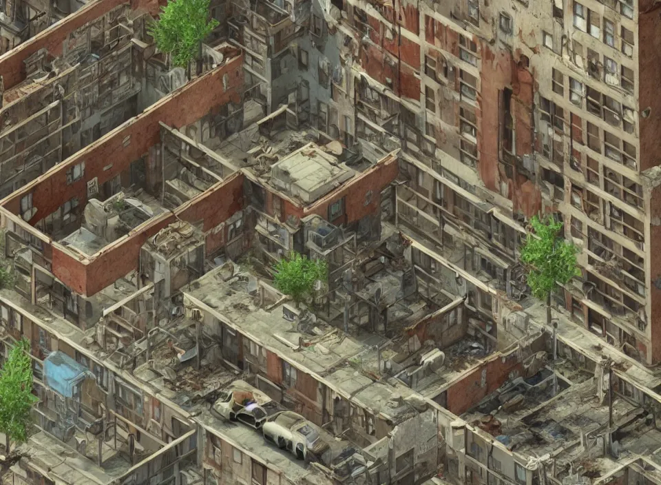 Prompt: Screenshot of an outside of an abandoned and rusty Polish apartment building in Fallout 2 (1998), isometric perspective, postapocalyptic, bird's eye view, prerendered isometric graphics, high quality