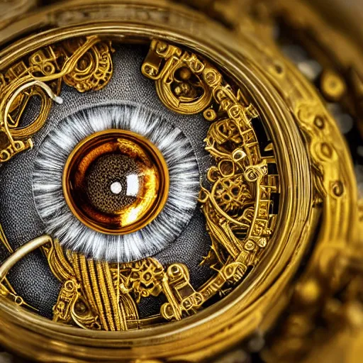 Image similar to a macro photo of a gold and silver mechanical eye, close - up, large intricate iris with gears and filaments, intricate gears and lenses, intricately detailed engravings, intricately detailed markings, intricate textures, warm lighting, vivid colors, realistic octane render, hyper realistic render, volumetric shading, depth of field, raytracing, 8 k,