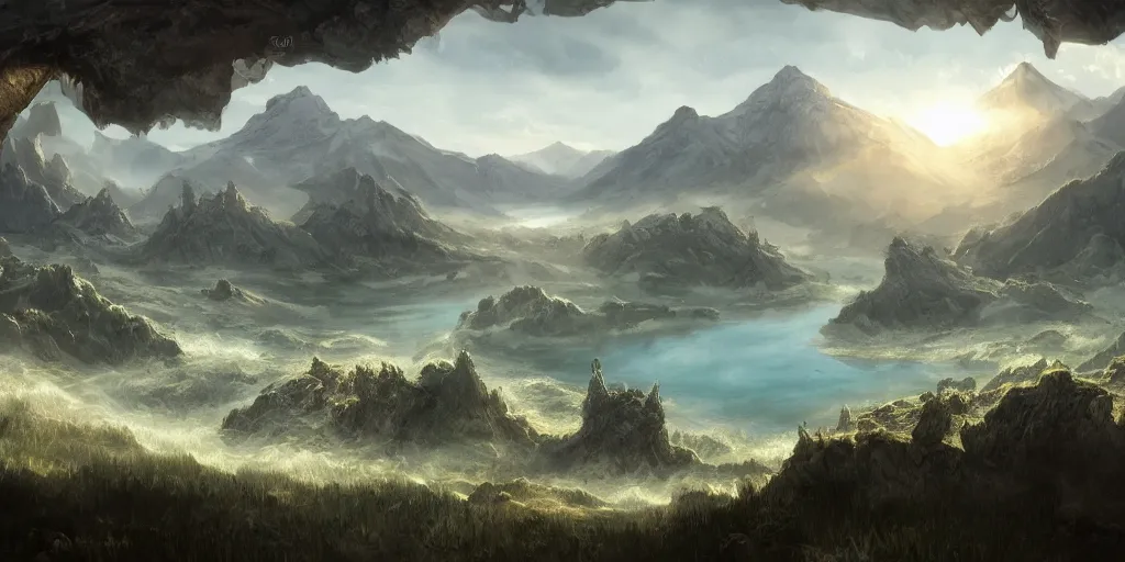 Image similar to fantasy world, in the middle is a huge lake with a little plain around it, behind it are mountains and rivers, intricate, elegant, sharp focus, illustration, highly detailed, concept art, matte, trending on artstation, anime, beautiful sunlight and shadows