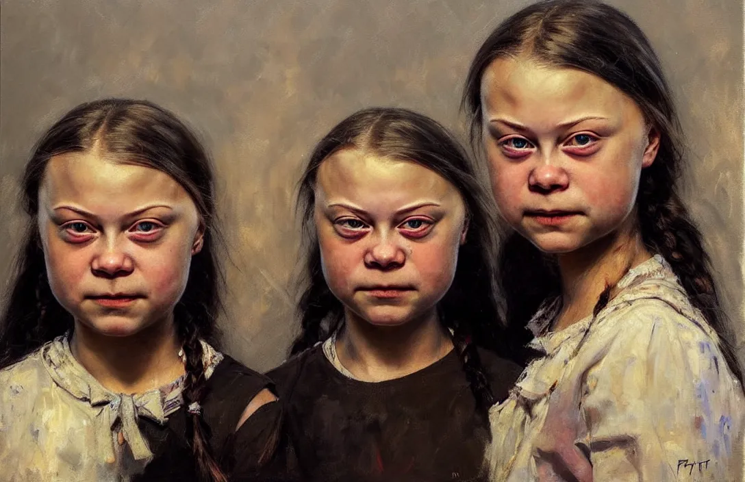 Prompt: portrait of greta thunberg!!!!!!!!!!!!!!!!!!!!!!!!!!!, detailed face, detailed painting, epic lighting, by ilya repin, phil hale and kent williams