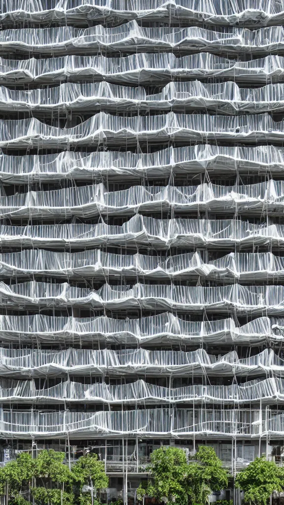 Image similar to hyperrealistic photo of a futuristic timber building in a urban setting. the building has many balconies with hanging plants. parts of the building are wrapped in billowing fabric tarps. the fabric tarps are translucent mesh with large holes for balconies and windows. the fabric hangs from metal scaffolding. 8 k