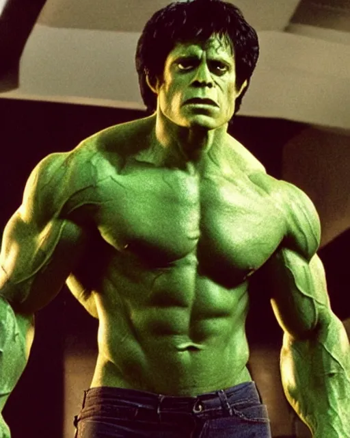 Prompt: sigourney weaver as the incredible hulk, face and shoulders focus, androgynous, strong features, striking, handsome, gender neutral, muscular, buff, dynamic lighting, ultra detailed