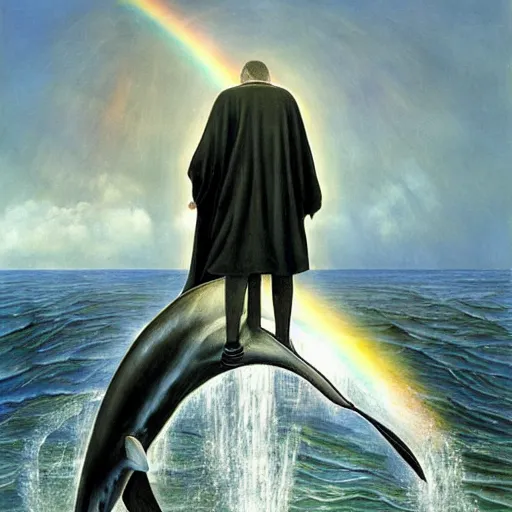 Prompt: a hyper realistic painting of the grim reaper standing on the back of a dolphin that is jumping over a rainbow, by james c christensen and santiago caruso,