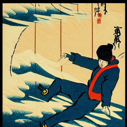 Image similar to man snowboarding woodblock print, style of hokusai, fine art, style of kanagawa, painting