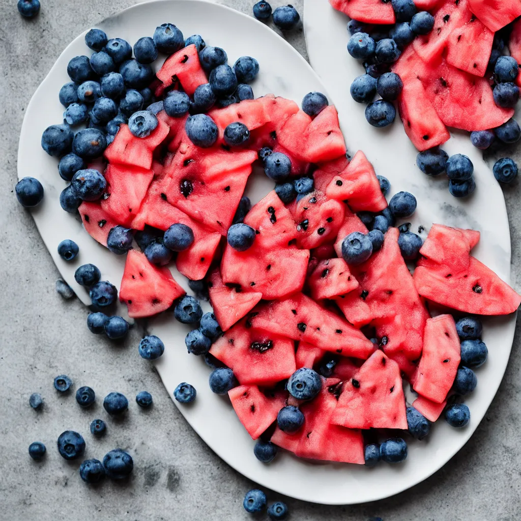 Image similar to blueberry watermelon hybrid on a plate, hyper real, food photography, high quality
