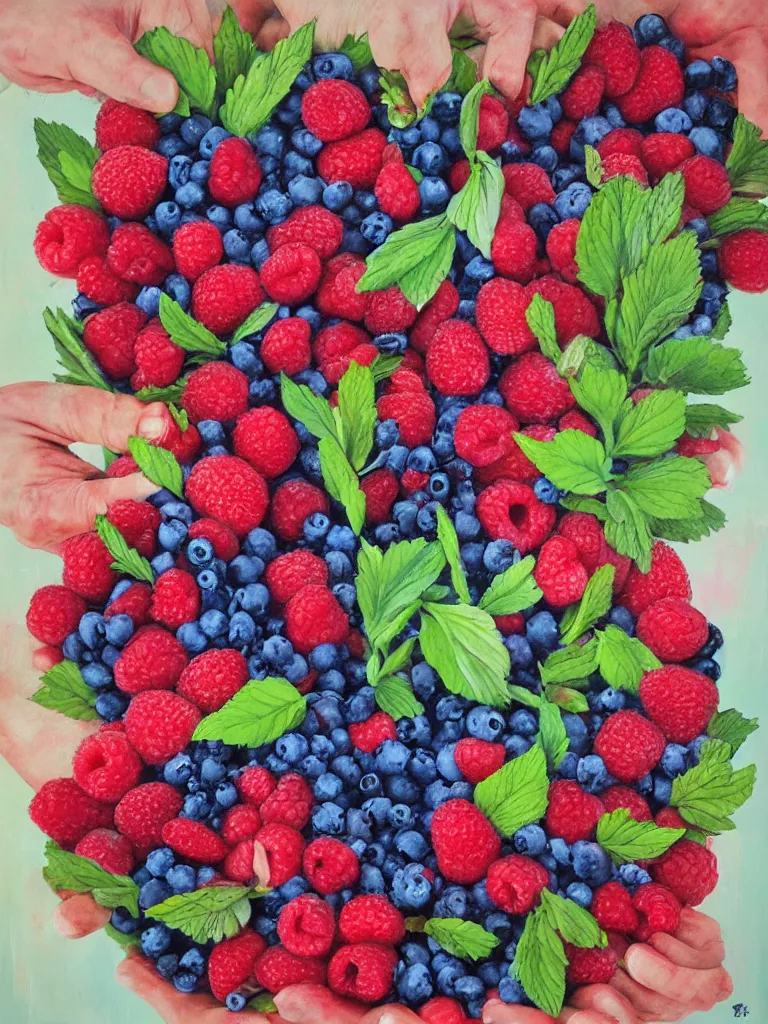 Prompt: “organic, a woman’s hands holding fresh raspberries and strawberries and blueberries, edible flowers, acrylic and spray paint and oilstick on canvas”