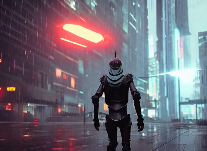 Image similar to 3 5 mm portrait photo of general grievous fighting obi wan kenobi in the city in the rain. cyberpunk horror in the style of george lucas. unreal engine render with nanite and path tracing.