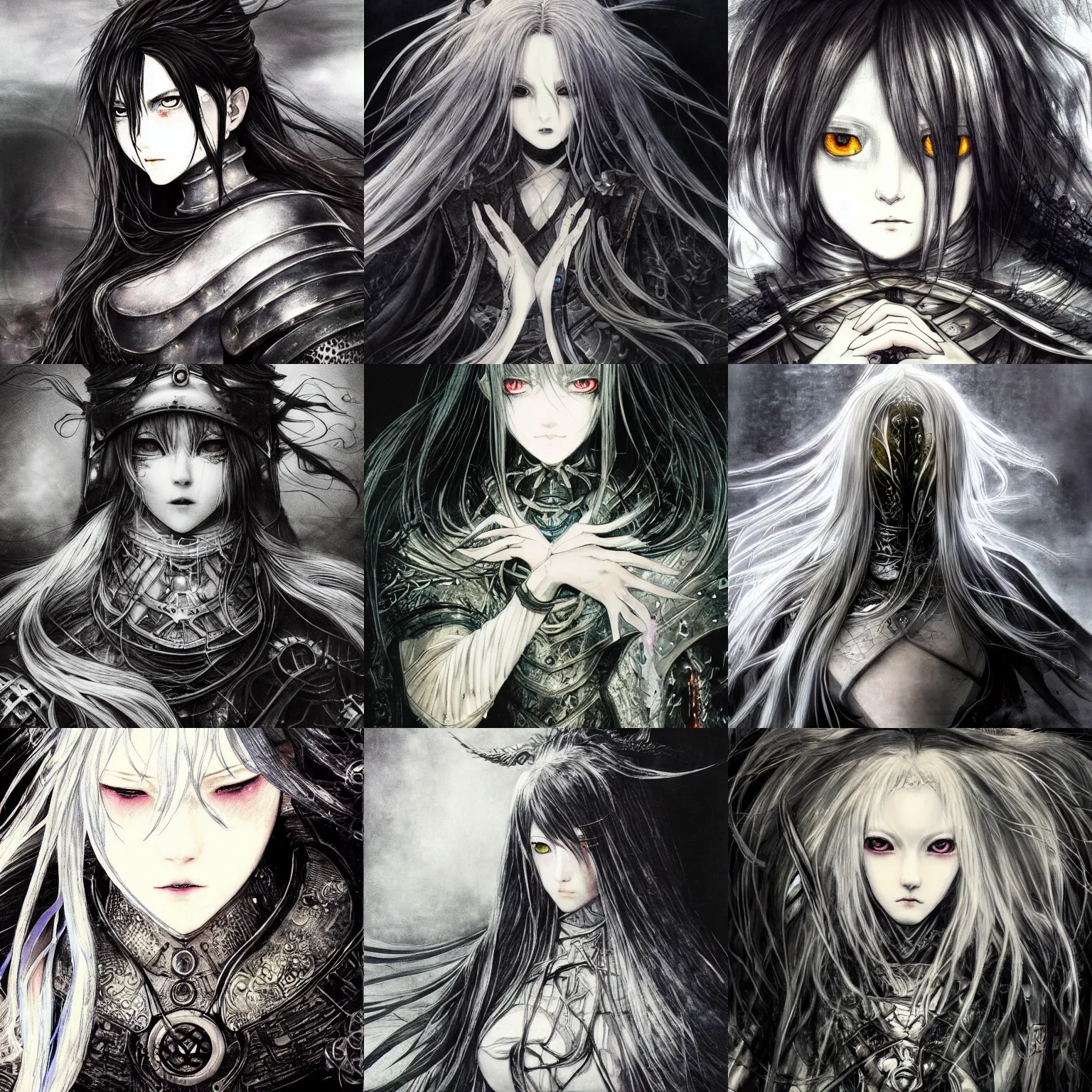 Prompt: yoshitaka amano blurred and dreamy illustration of an anime girl with black eyes, long wavy white hair and cracks on her face wearing elden ring armour with the cloak, dark souls illustration, abstract black and white patterns in the background, noisy film grain effect, highly detailed, renaissance oil painting, weird portrait angle, head turned to the side
