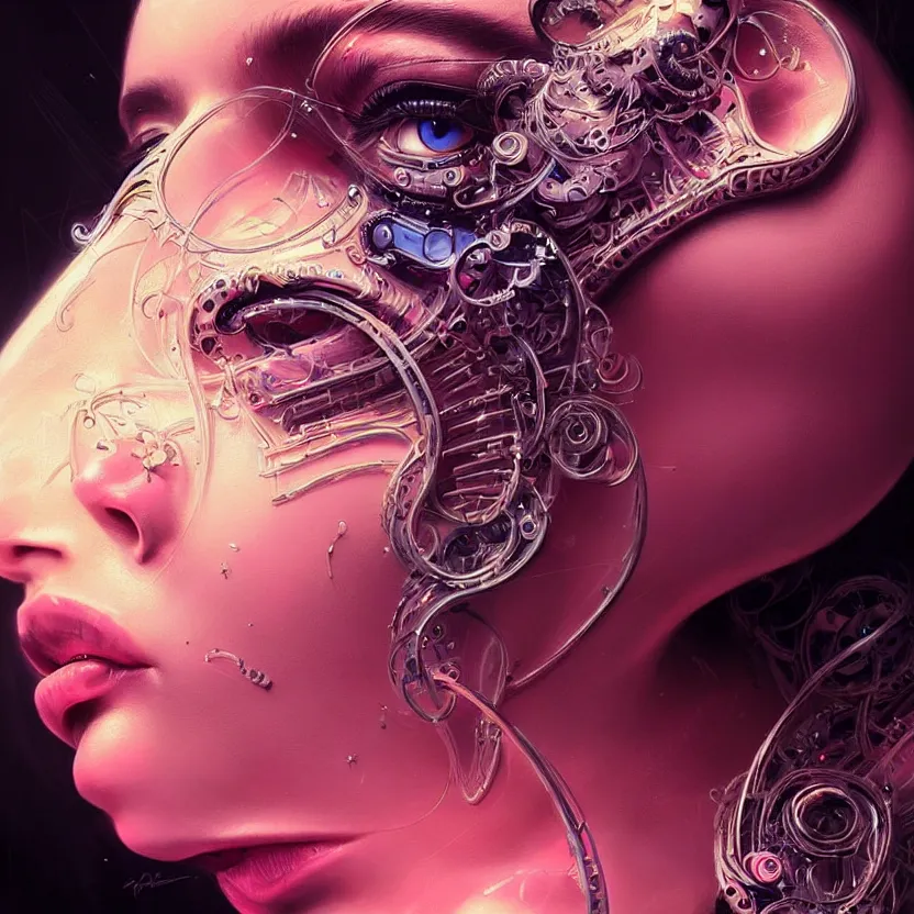 Image similar to a highly detailed photo of very intricate female face portrait, futurism, rococo cyber neon lighting, detailed futuristic fibonacci jewelry, profile posing, hyper photorealistic, crispy quality, digital photography, trending in pinterest, cinematic, 4 k ultra hd, art by pascal blanche, art by greg rutkowski, art by artgerm,