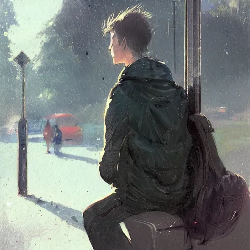 Prompt: a young man waiting at the bus stop in ireland, digital art by greg rutkowski